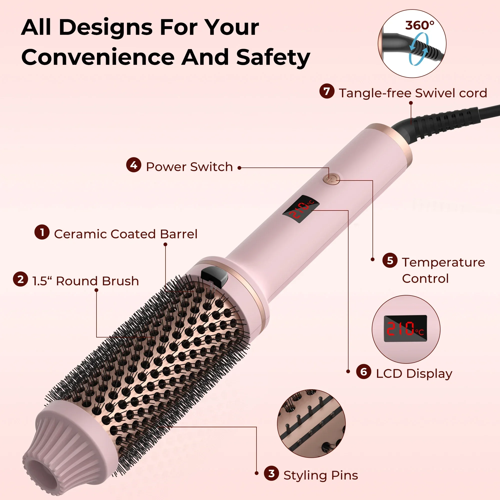 Curling Iron Brush PTC Thermal  Ceramic Hair Curler Create Loose & Volume Curls Heating Hair Styling Brush