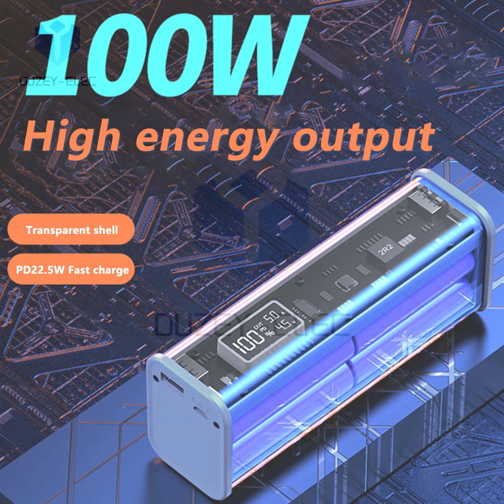 8* 18650 Battery 100W Charger Case PD22.5W Mecha Transparent Shell DIY Power Bank Box Fast Charging LED Screen Power Bank