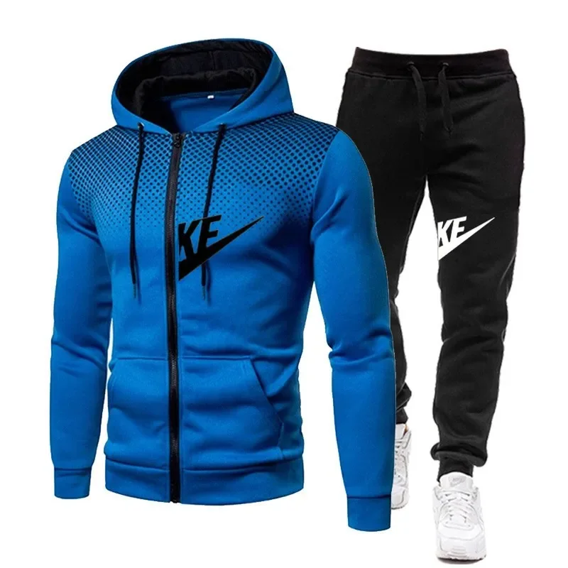 

New autumn and winter casual men's sportswear set, outdoor windproof and warm men's hooded sweatshirt + pants 2-piece set