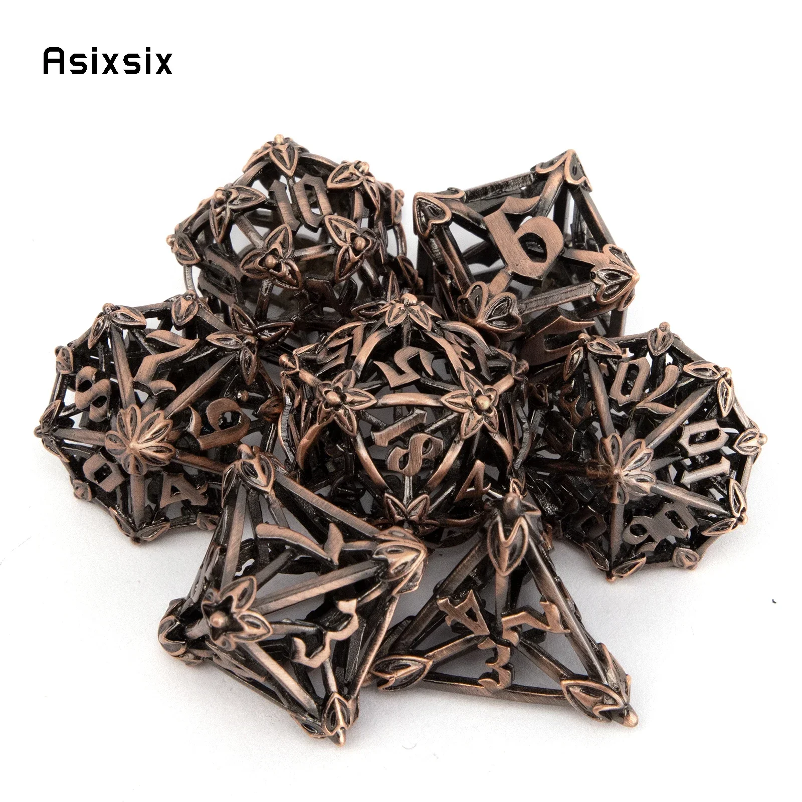 

7 Pcs Copper Leaf Flower Metal Dice Hollow Metal Polyhedral Dice Set Suitable for Role-Playing RPG Board Game Gift