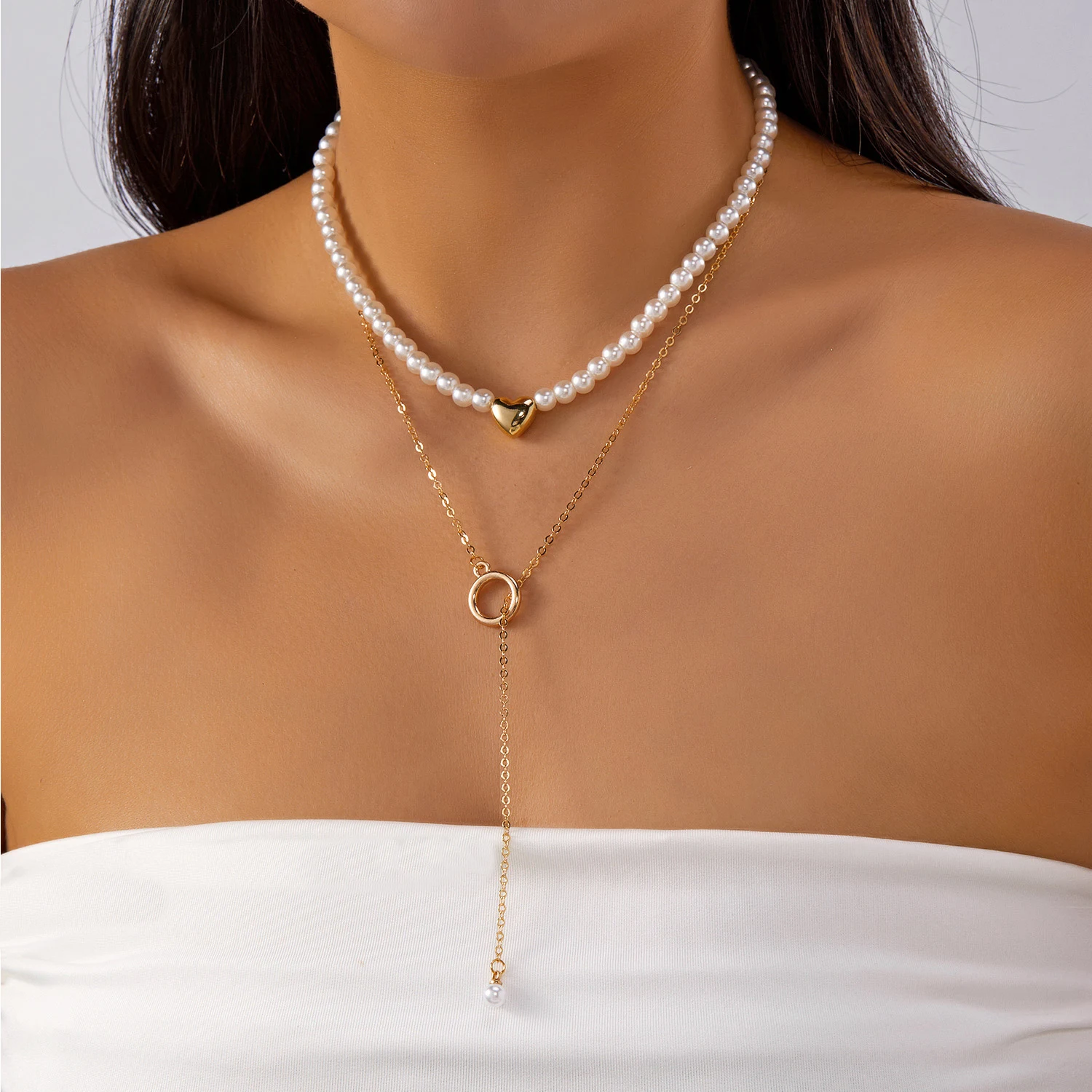 Moderne barocke Imitationsperlen-Halskette für Frauen, glitzernde Herz-Gold-Farben-Kette, geschichtete Halskette, Party-Schmuck-Accessoires – Detail 15