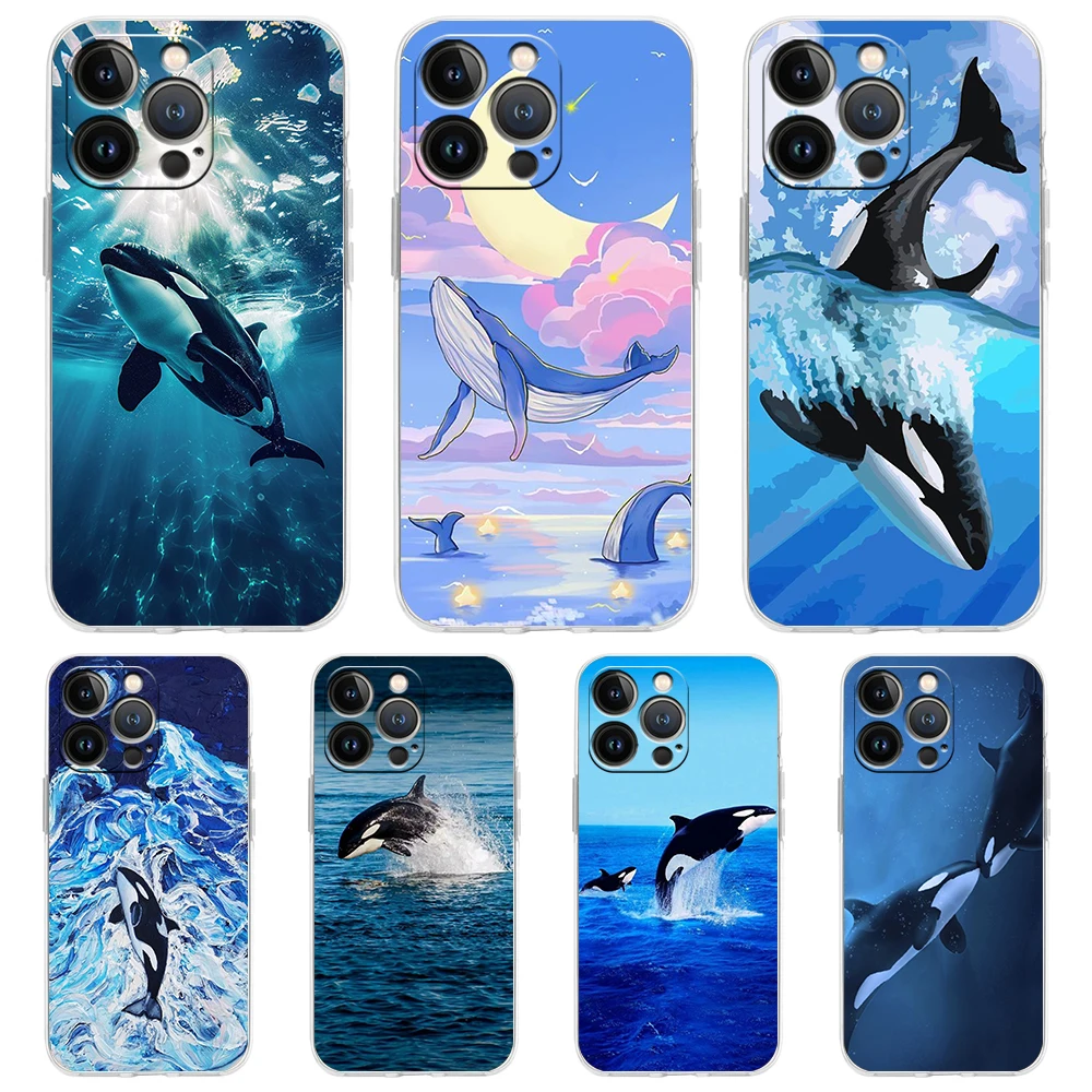 For iPhone 15 16 14 13 12 mini 11 Pro Max XS X XR SE 7 8 Plus Silicone Clear Cover Orca ocean lovely killer whale Phone Case