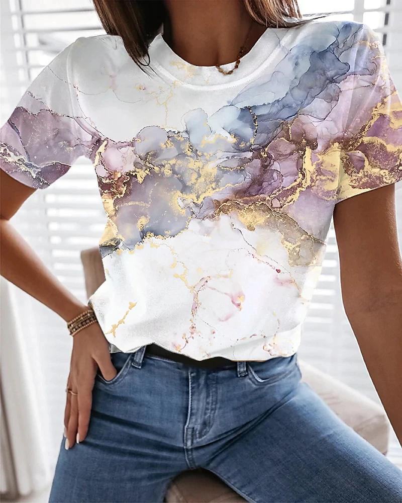 Elegant  women t-shirt summer short-sleeved t-shirt women loose temperament printed top women