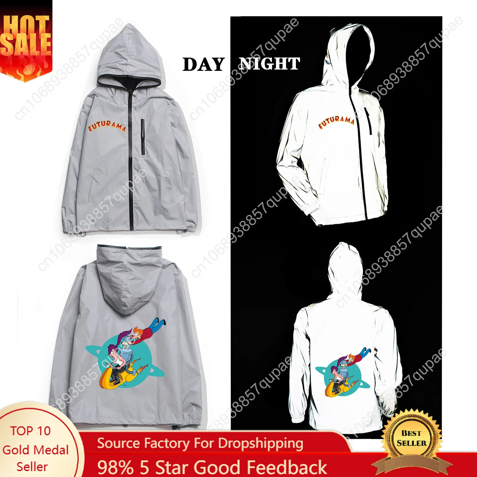 F-Futuramas Reflective Jacket Anime Men Women Coat Hooded Windbreaker Runing Pocket Jackets Cycling Hiking Zipper Custom Hoodie