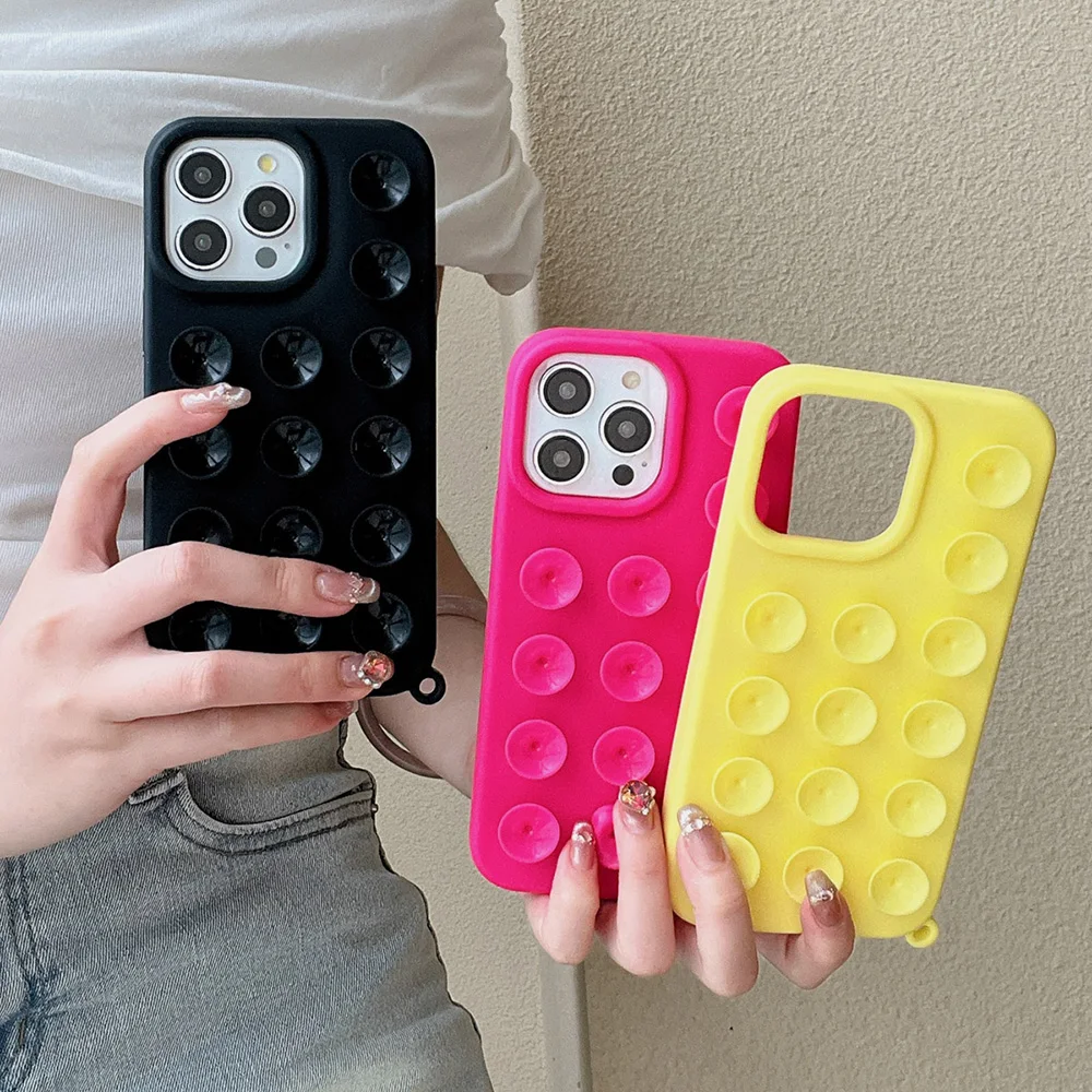 3D Zuignap Siliconen Telefoonhoesje Voor iPhone 16 Pro Case iPhone 13 15 17 11 12 14 Pro Max Anti Slip Muur Stand Achterkant Coque