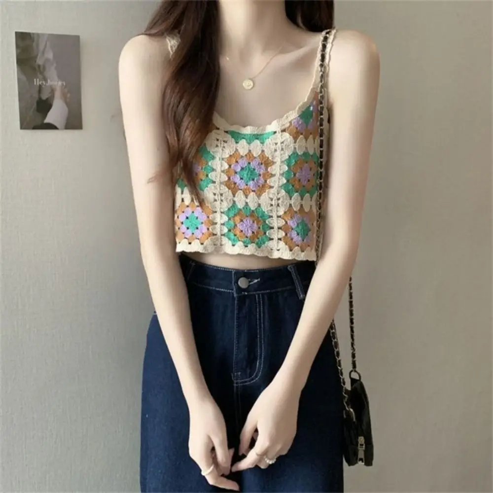 Comfortable Breathable Sweet Floral Print Short Slim Hot Tops Cotton Cardigan Female Camisole Embroidery Vest Crochet Crop Tops