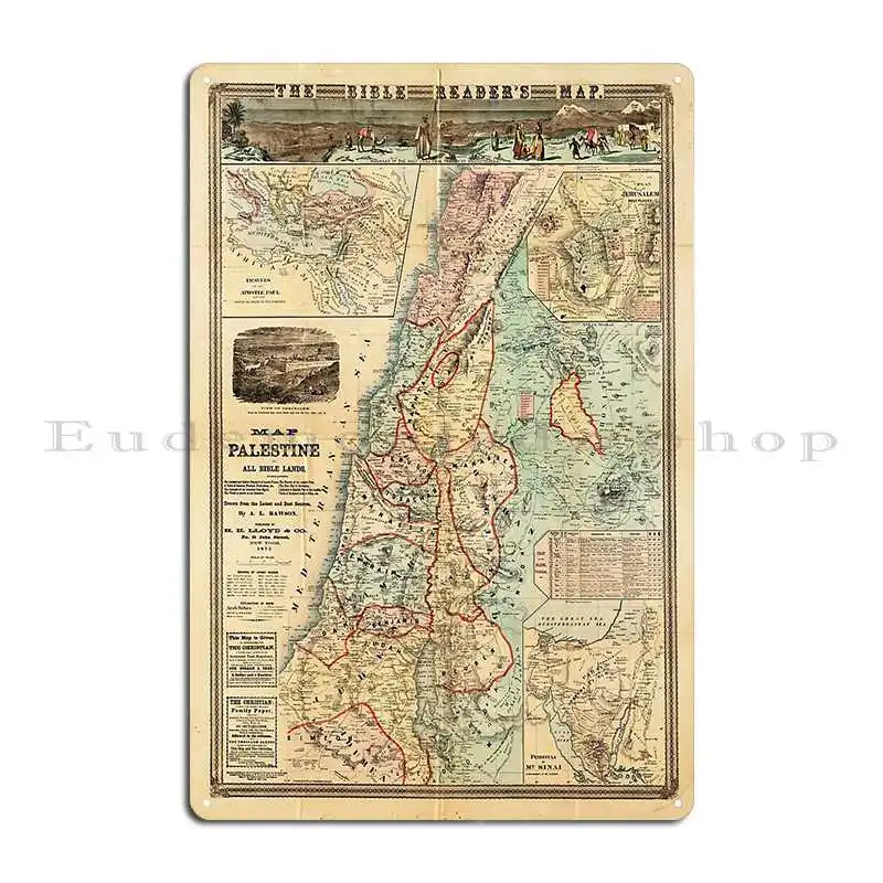 Map Of Palestine And All Bible Lands Metal Sign Club Wall Decor Print Wall Cave Design Tin Sign Poster