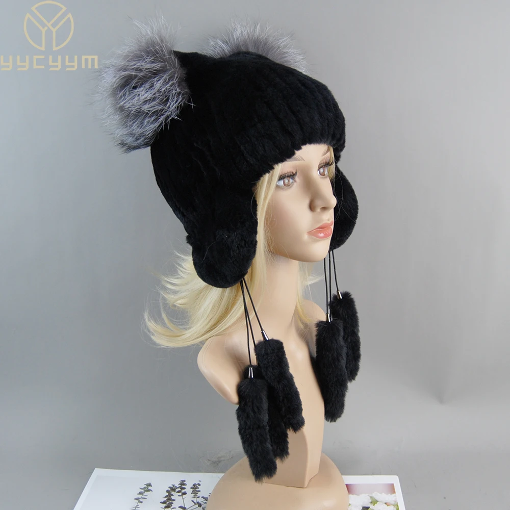 

Hot Sale 100% Real Fur Hat for Women Natural Rex Rabbit Fur Russian Ushanka Hats Winter Thick Warm Ears Fashion Bomber Cap