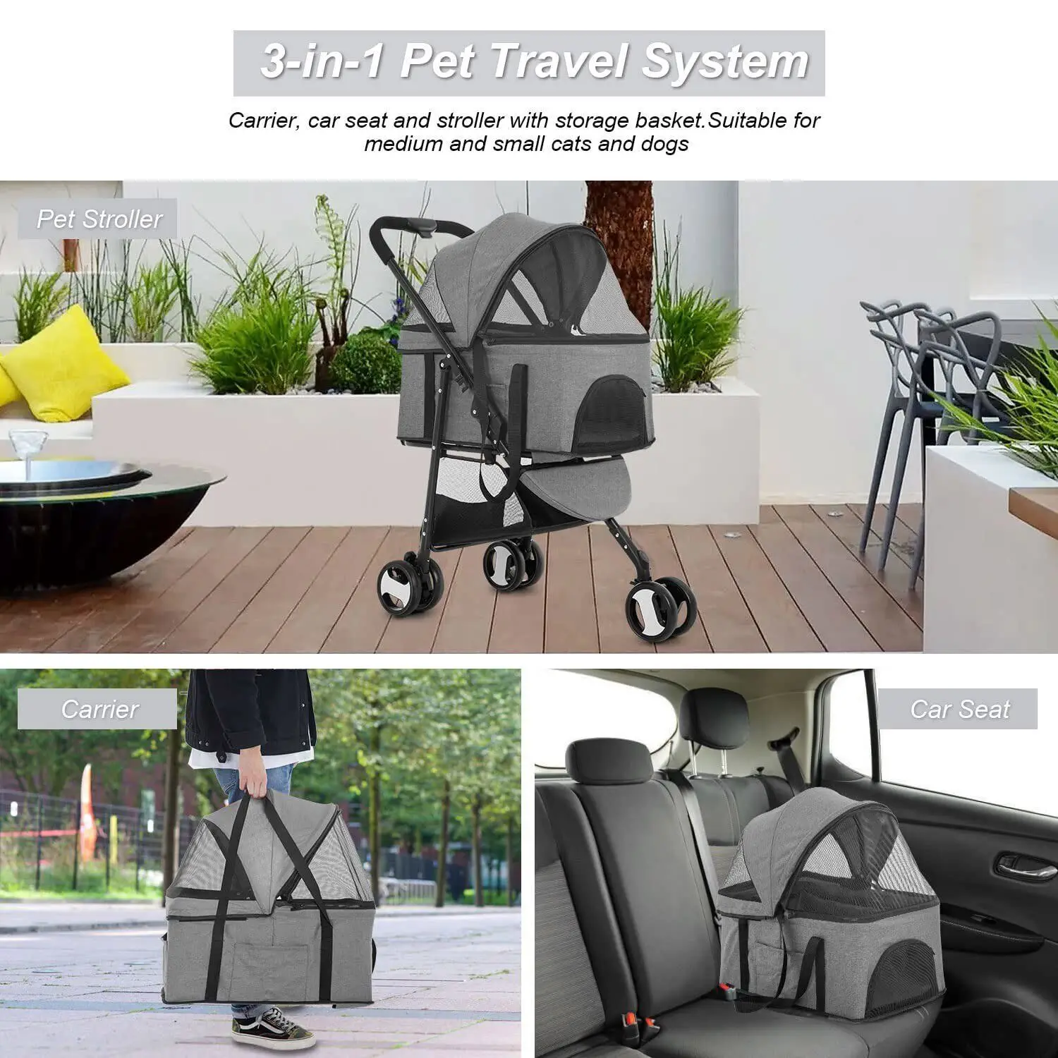 US 3-in-1 Folding Stroller for Dog and Cat, Multifunctional, Grey Color