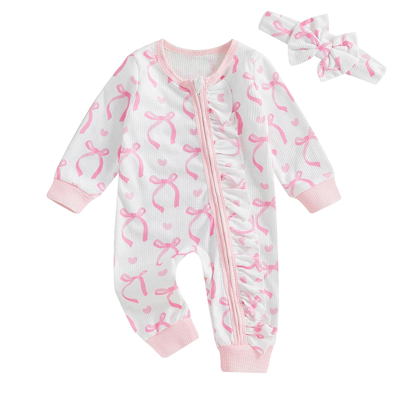 

Newborn Girl Fall Waffle Romper Bow Print Long Sleeve Crew Neck Ruffled Zipper Jumpsuit with Headband