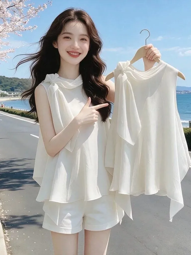 Yellow Asymmetrical Loose Strap Vest Women's Summer Beachwear Beautiful Top Casual Style Knot Design round Neck Sleeveless