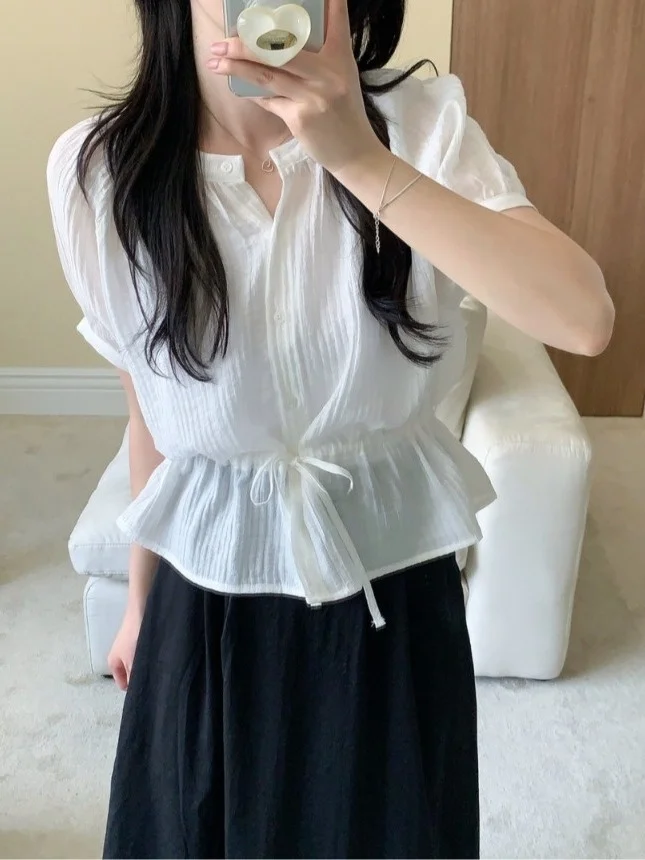 Korean Style Chic Summer New Fashionable Versatile Ribbed round Neck Drawstring Waist Shirt Women's Unique Top Casual Shirt