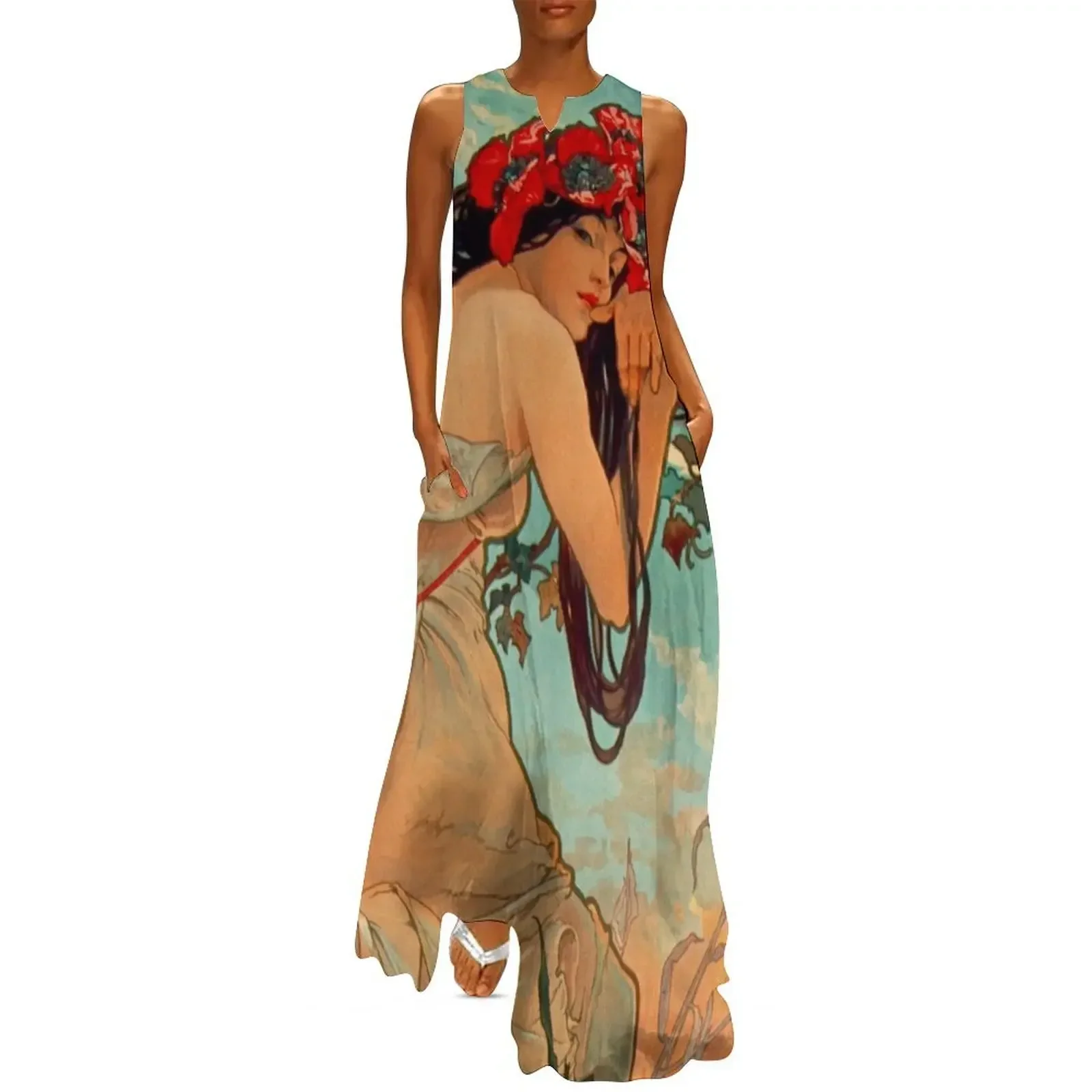 

1896 SUMMER - 4 Seasons Alphonse Mucha Art Nouveau Goddess Vintage Lithograph French Long Dress dress women summer 2025 Dress