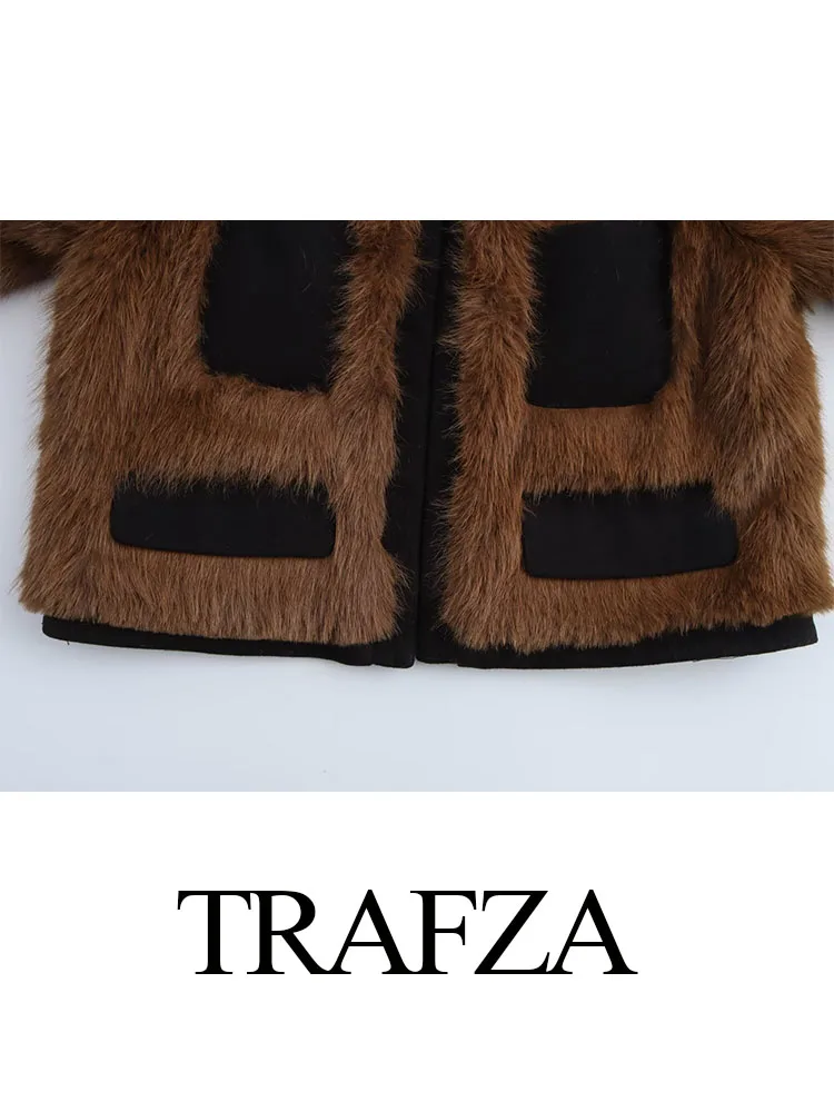 TRAFZA 2025 봄 여성 새로운 패션 레트로 캐주얼 가짜 모피 효과 재킷 여성 우아한 기질 포켓 장식 짧은 코트