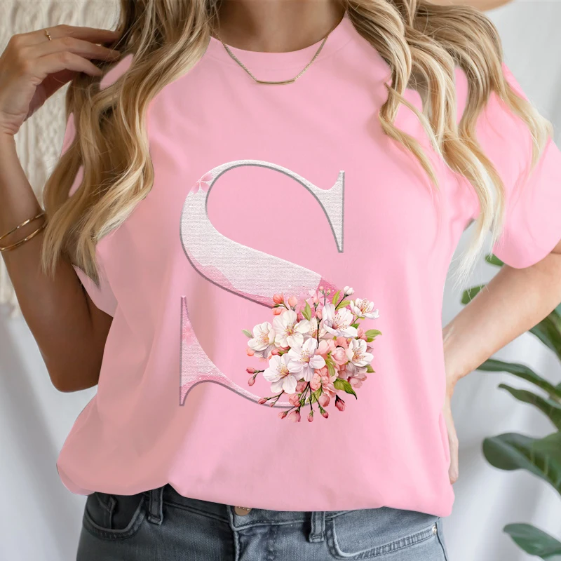 Y2K Cherry Blossom Initial Letter A-Z T-Shirt Women Floral Monogram Aesthetic Tee Cute Summer Mama Gifts Pink Tshirts