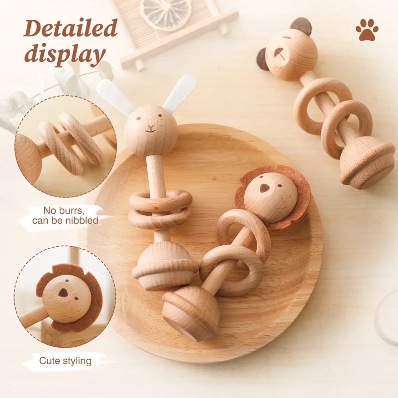 1pc Holz Montessori klassische pädagogische Spielzeug Babys mobile musikalische Rassel Spielzeug Tiere Löwe Beißring Spielzeug Kinder Geburtstags geschenke