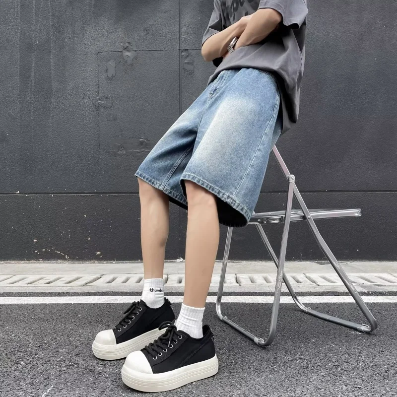 여름 데님 반바지 남성 얇은 중간 길이 캐주얼 작업복 반바지 루즈 스트레이트 레그 남성 워싱 7부 청바지