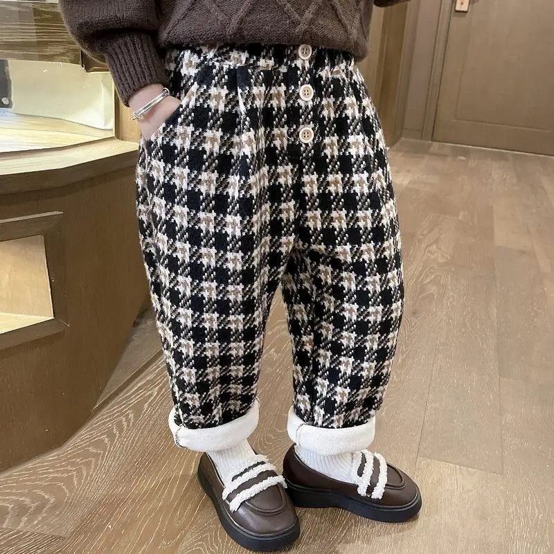 

Girls' Autumn Winter Plus Plaid Kawaii Pants Fashion Versatile Lively Cute Kids Boy's Trousers Plus Velvet Children's Clothing