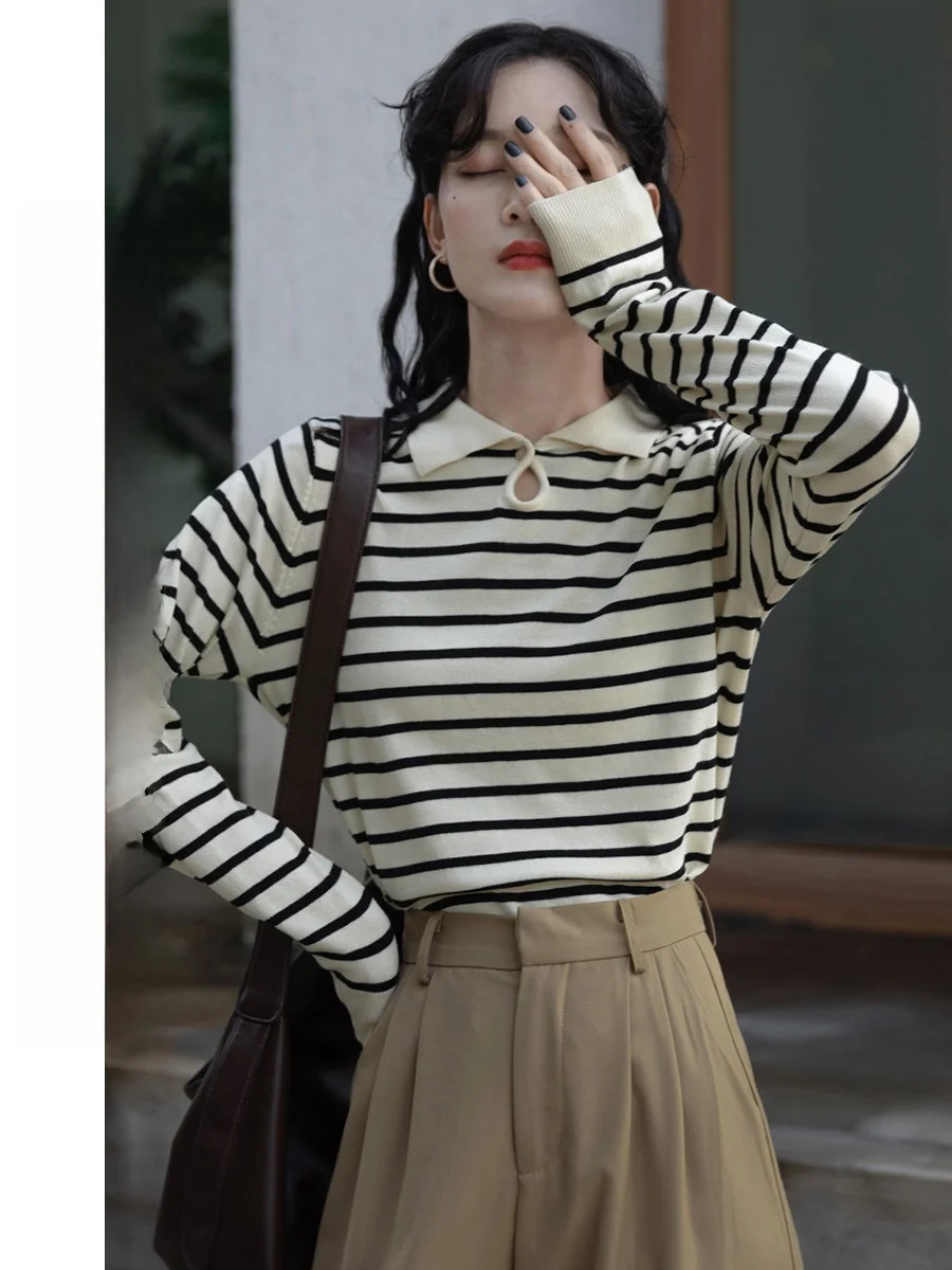 

Women's Striped Sweater Long Sve Lazy Sle Knitted Top Korean Version Commute Pattern Button Detail Loose Fit