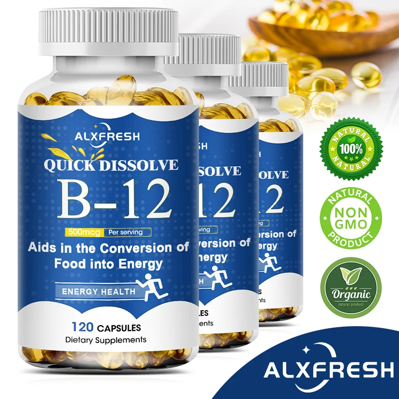 Cápsulas de vitamina B12 500 Mcg, metilo B12, espirulina orgánica, soporta un estado de ánimo saludable, energía del corazón y los ojos, vitamina B12