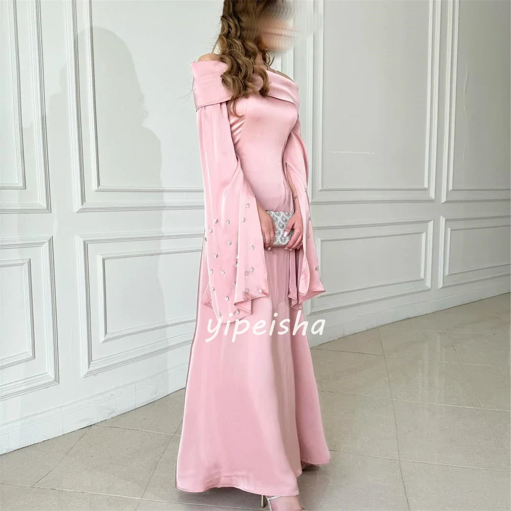 Customized Satin Rhinestone Beach A-line Off-the-shoulder Bespoke Occasion Gown Long Dresses