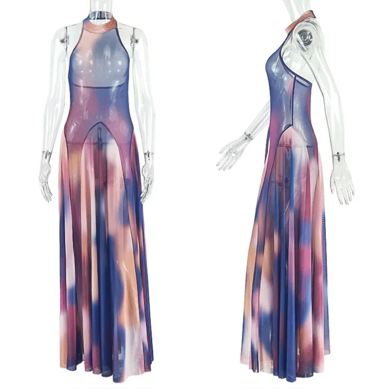 

Elegant Gradient Color Halter Long Dress for Women Backless Waist Slimming A-Line Maxi Gown Summer Resort Vacation Outfits New