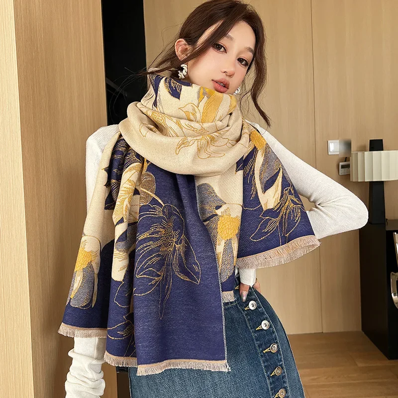 Luxury Cashmere Floarl Scarf Winter Women Pashmina Shawls Warm Blanket Wraps Female Foulard Bandana Brand Thick Scarves Hijab