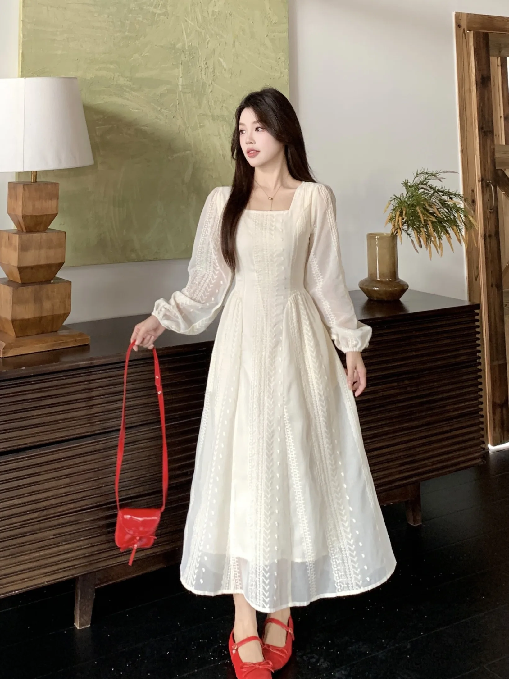 

plus Size Women's Ele Long Sve Square Collar Dr Autumn New Sle Waist Cinched Faionable Belly Covering Long Dr