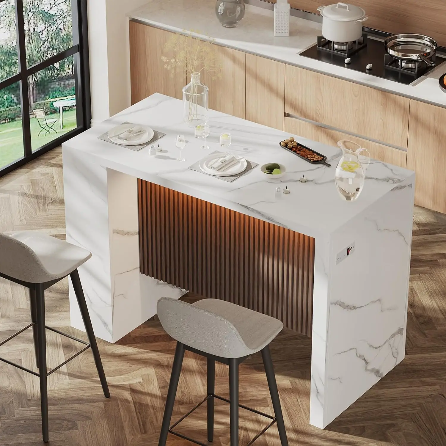 Faux Marble Kitchen Island Table with Storage,LED Lights and Power Outlet | Imitation Marble Dining Table, Customized