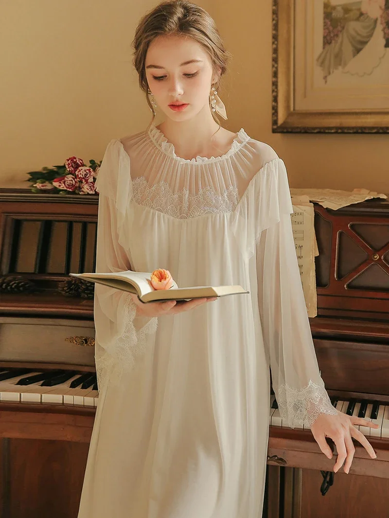 Women Ruffles Nightdress Vintage Nightgowns Lolita Princess Sleepwear White Lace Mesh Fairy Night Dress Victorian Loungewear