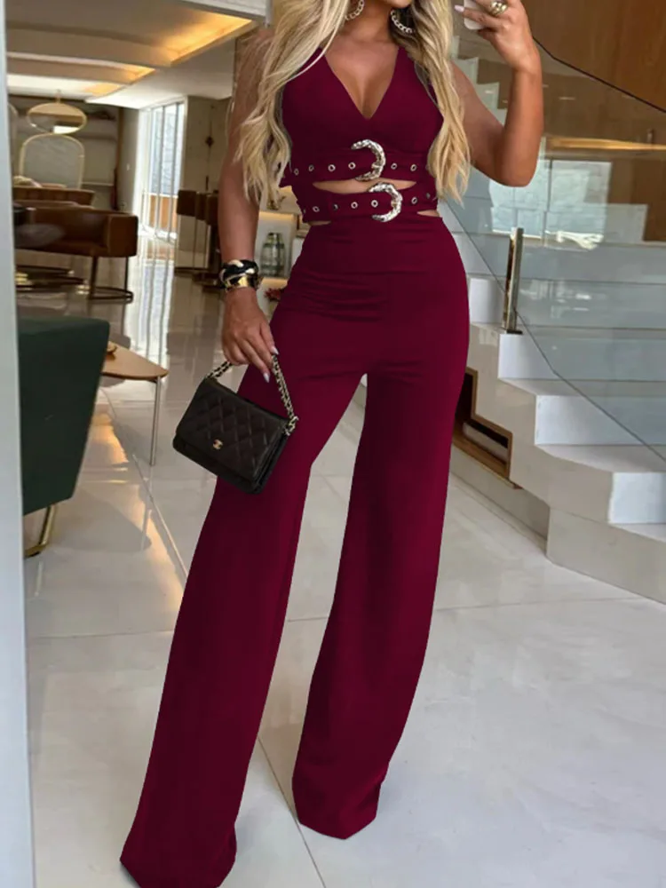 女性のセクシーな無地ノースリーブディープVネックタンクトップとハイウエストワイドレッグパンツ2点セット