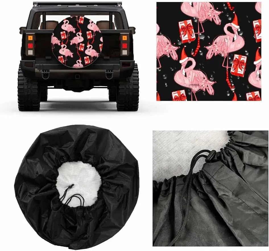 New Year Flamingo Spare Tire Cover Christmas Tropical Pattern with Present and Santa Hat Weatherproof Universal Wheel Protector