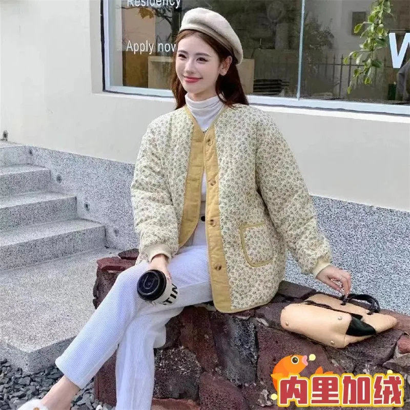 Goose Yellow Cotton Coat for Women 2024 Winter Cotton Coat Korean Style Cotton Jacket With Thick jacket Big Flower Cotton Coat