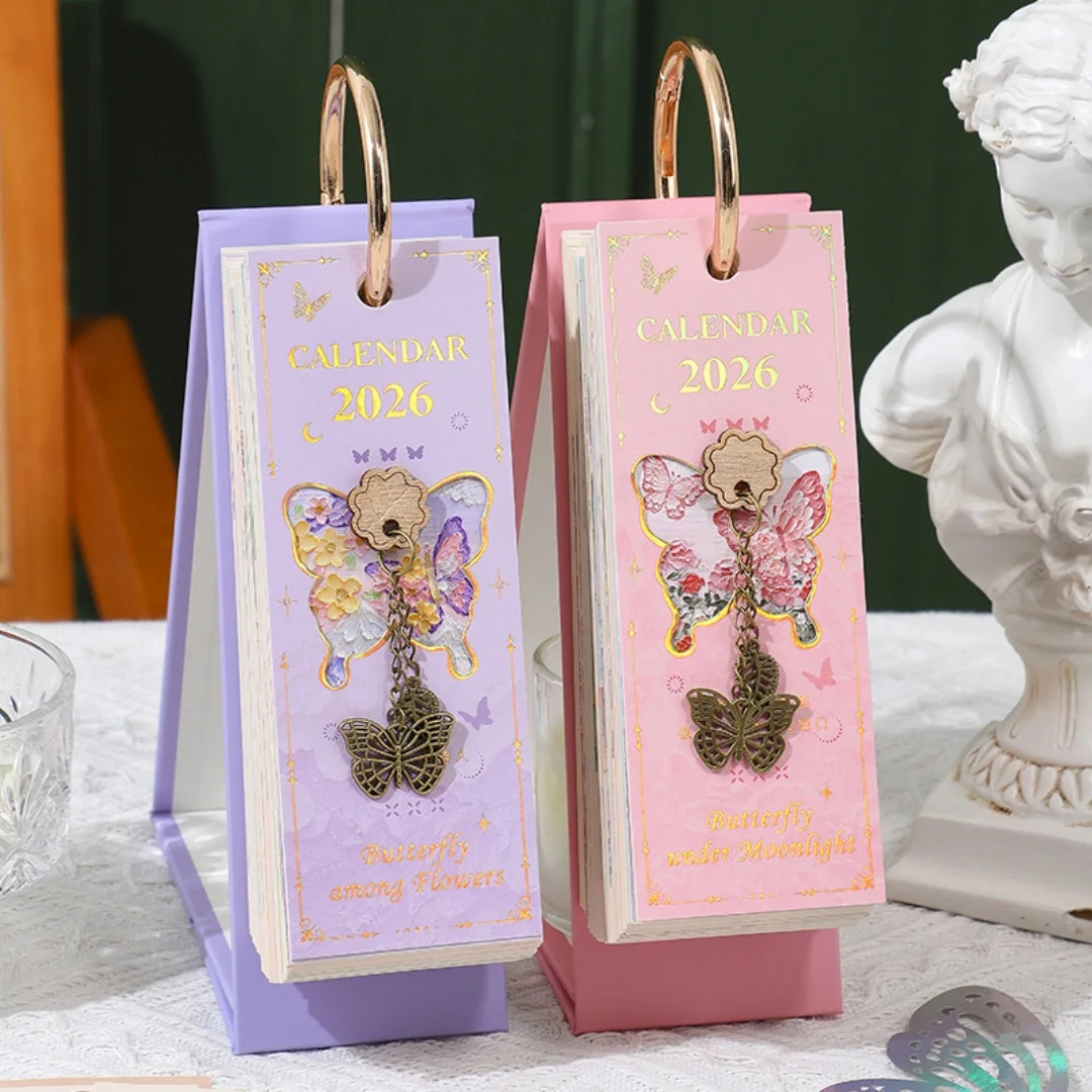 

Butterfly Pendant 2026 Desk Calendar 365 Days Vintage Oil Painting Page Turn Daily Planner Calendar Home Office Desktop Decorati