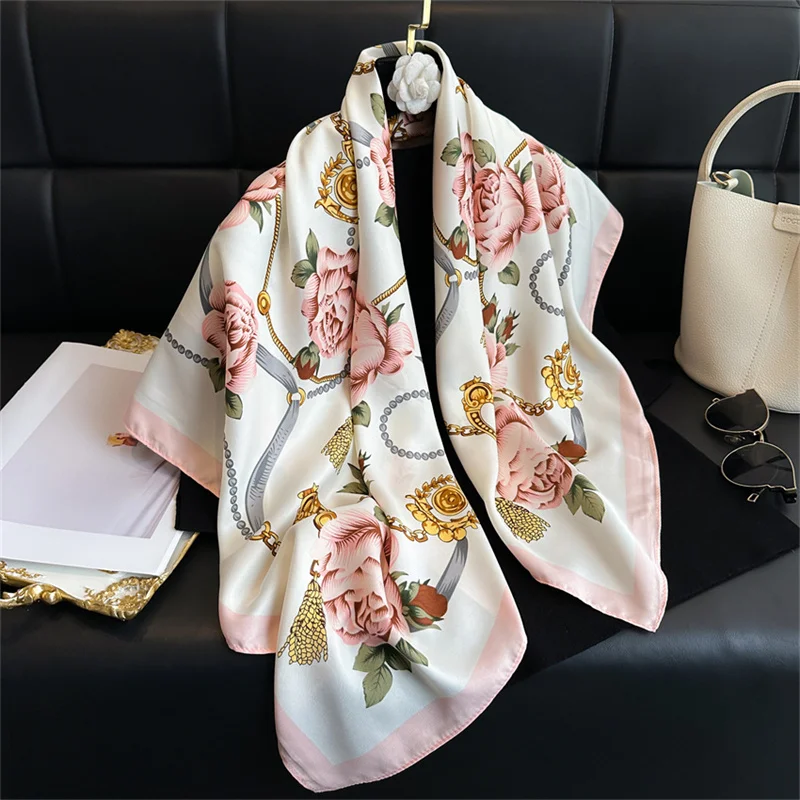 Luxury Flower Print Silk Scarf 90cm Twill Scarf Chain Large Square Scarves Sunscreen Shawl Headscarf for Women Foulard