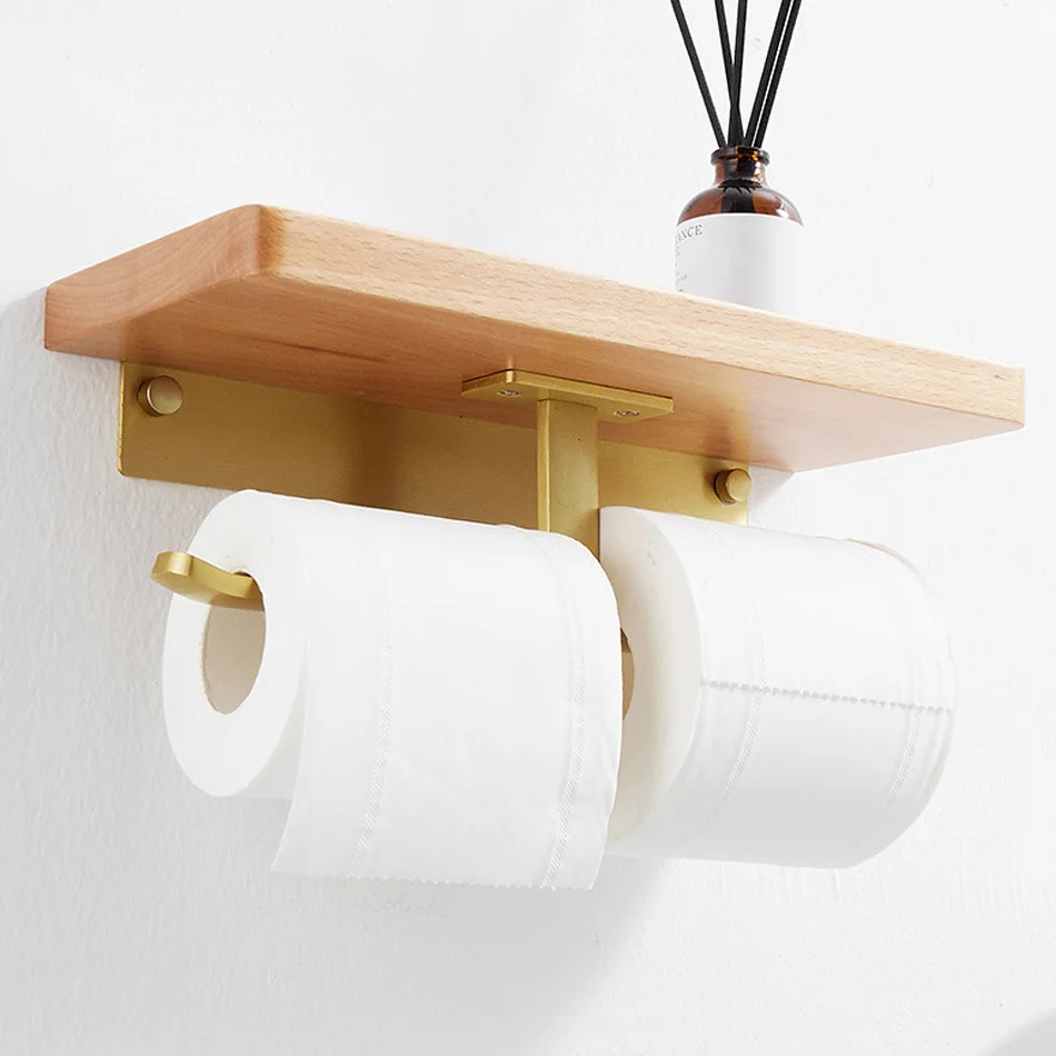 

Double Paper Holder with Shelf Beech Wood Mounted Bathroom Kitchen Tissue Holders Gold Toilet Paper Towel Roll Rack Hanging
