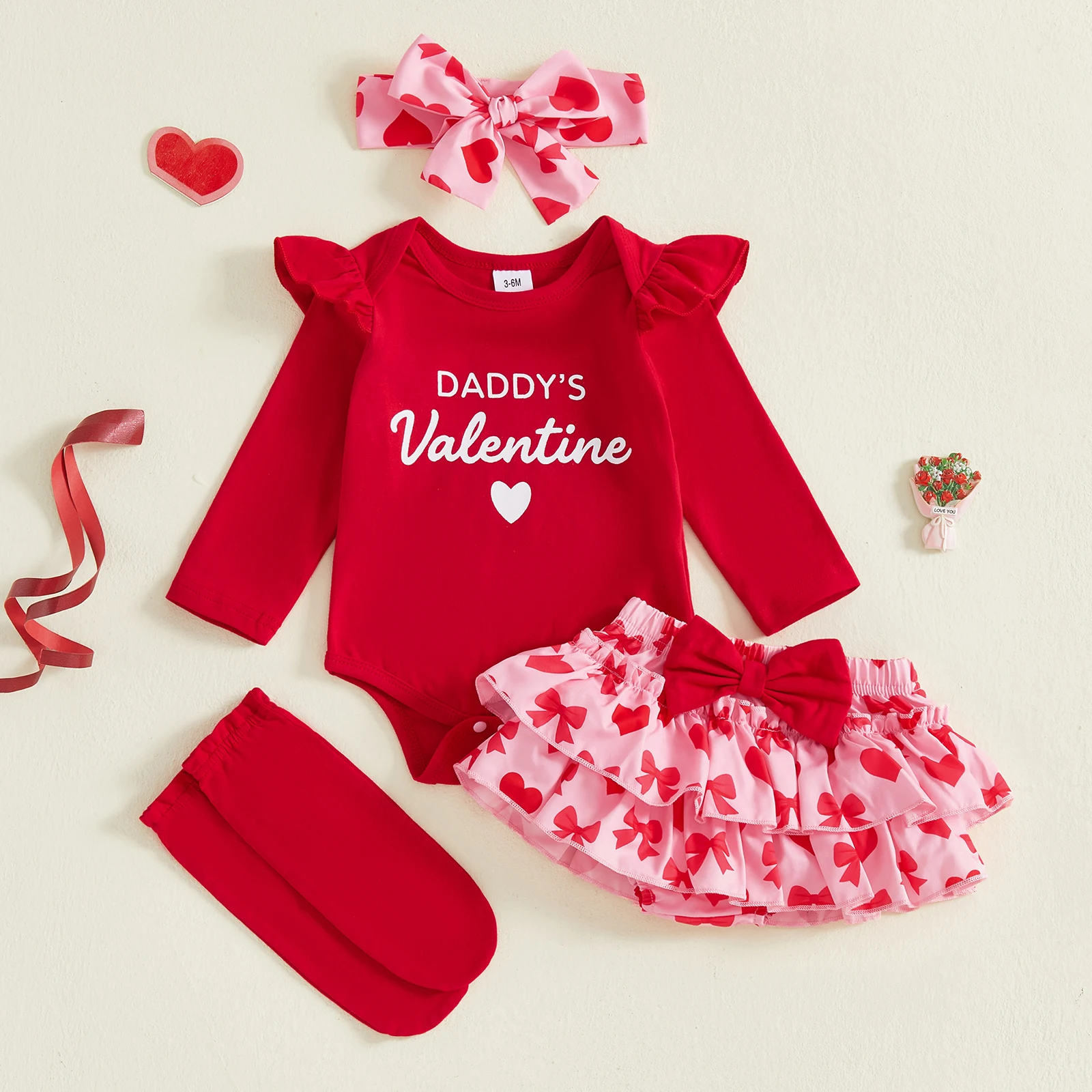 My First Valentines Baby Girls 4 Piece Outfits Long Sleeve Letter Print Jumpsuit Headband Short Tutu Skirt Leggings Set