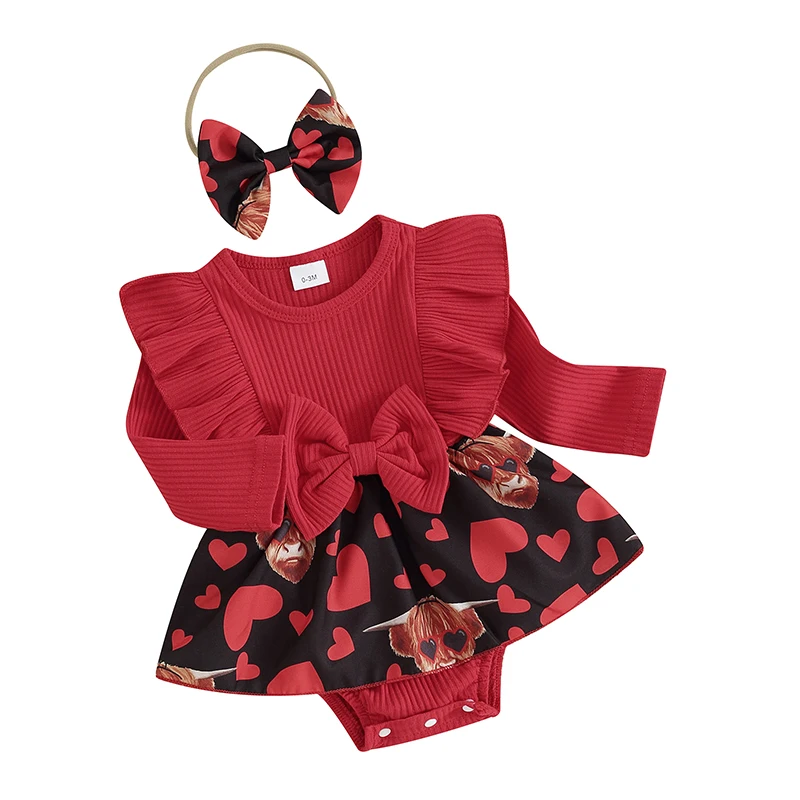 

Western Baby Girl Heart Romper Dress Ribbed Bodysuit Long Sleeve Cow Print Ruffle Infant Valentines Day Outfit