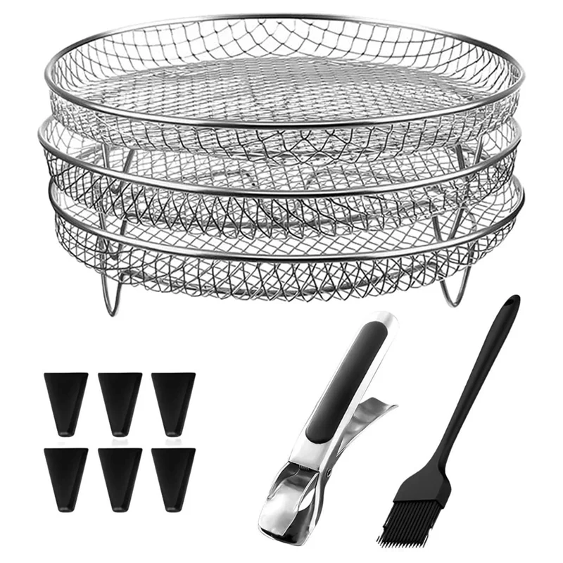 Air Fryer Rack Stainless Stackable Grid Grilling Rack for Ninja Air Fryer Basket+Heightening Feet Dish Clamp Oil Brush