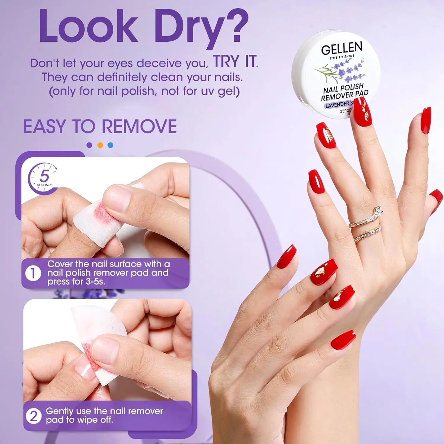 GELLEN Nail Polish Remover Pads 140pcs Lavender Health Remover for Fingernail Toenail Long-lastion Nail Art Supplies Travel Bulk