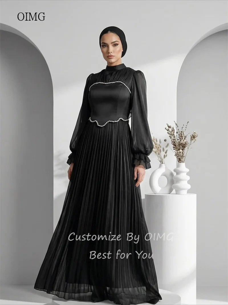 OIMG Modesto collo alto A Line abiti da ballo Eid maniche a lanterna abito da festa pieghettato abito da sera lungo fino al pavimento saudita personalizzato