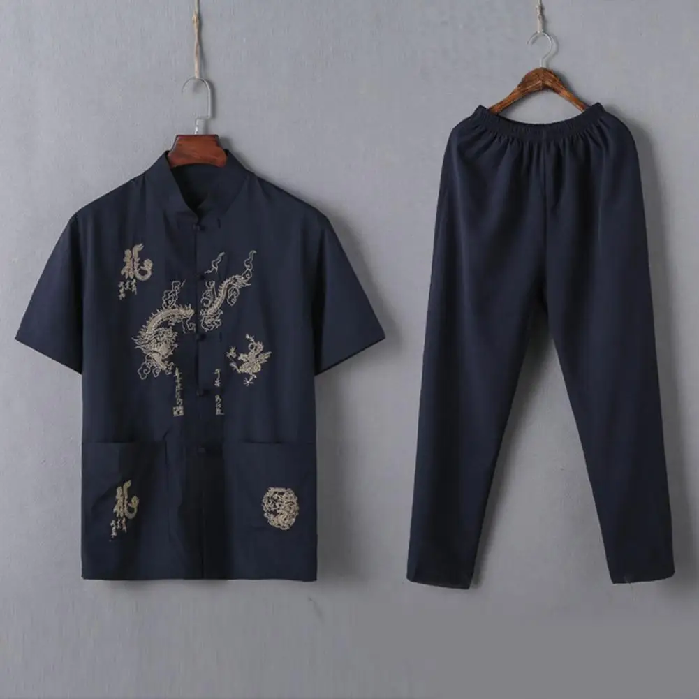 Chinoiserie Tops Toursers Set Chinese Style Tops Pants Set Chinese Style Dragon Pattern Suit Set for Mid-aged Men Stand for Men