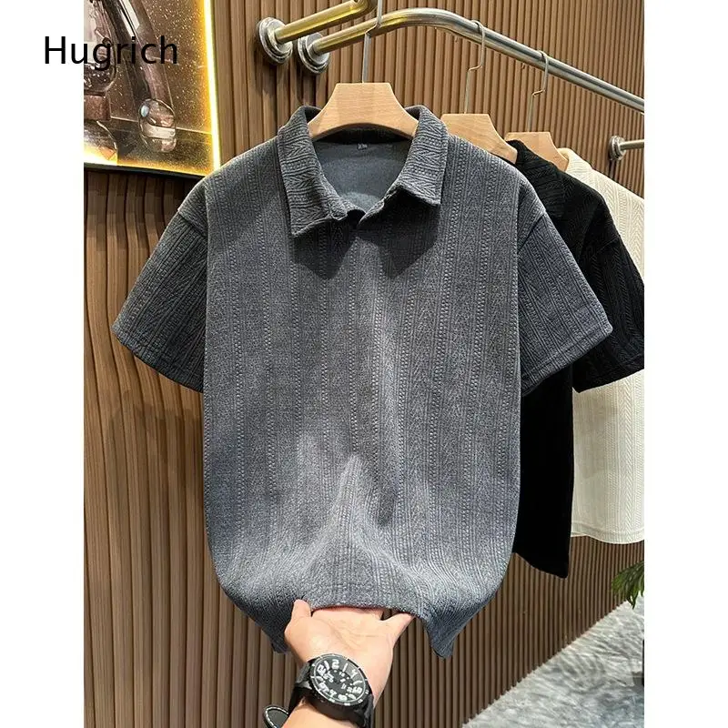 Men Vertical Textured Waffle Knit Polo Shirt Notch Lapel Collar Short Sleeve Casual Top