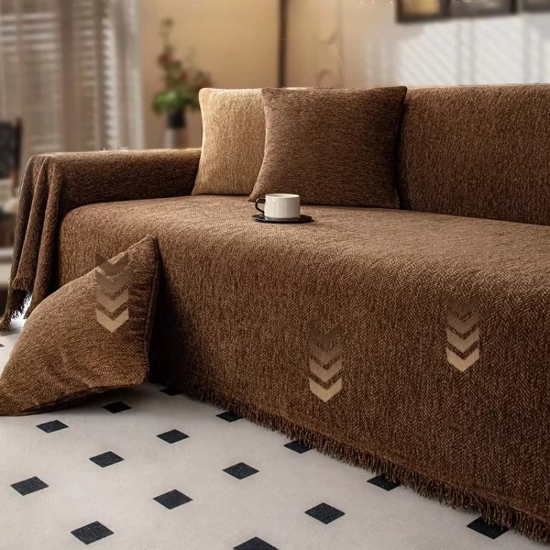 Herringbone Pattern Chenille Solid Color Sofa Towel, Sofa Cover Tassels Edge Blanket Home Decoration Leisure Relax Beach Towel