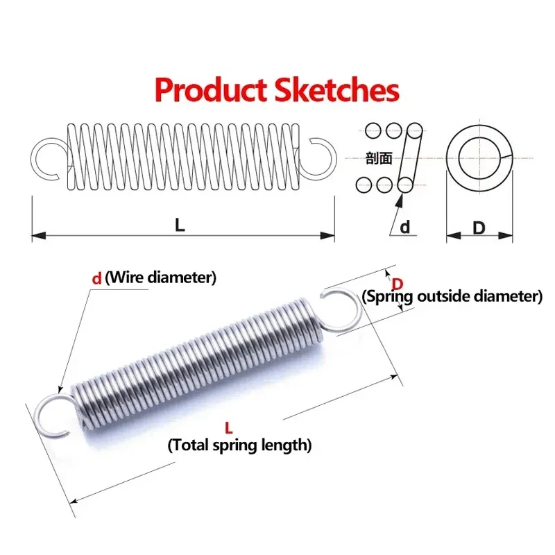 2Pcs/Lot 0.8mm 1.0mm 304 Stainless Steel Tension Spring With O Hook Extension Spring, OD: 6/8/10/12mm, Length: 20mm-120mm