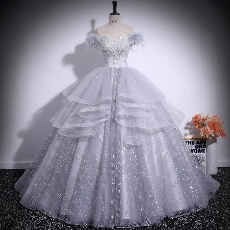 Women One Shoulder Evening Dress Embroidered Slim Puff Skirt For Student Art Test Solo Show Birthday Banquet Adult Ceremony