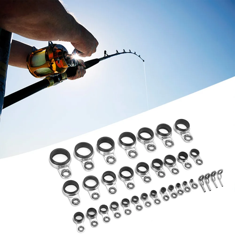 33PCS Durable Stainless Steel Fishing Rod Guides with Ceramic Loop Multiple Sizes Eyes Ring Raft Line Ring Fishing Rod Building