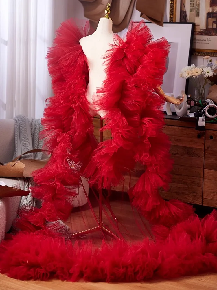 Red Mesh Shawl Design Sense Tulle Cape New Host Evening Dress Accessories Luxurious Trailing Accessories For Photo