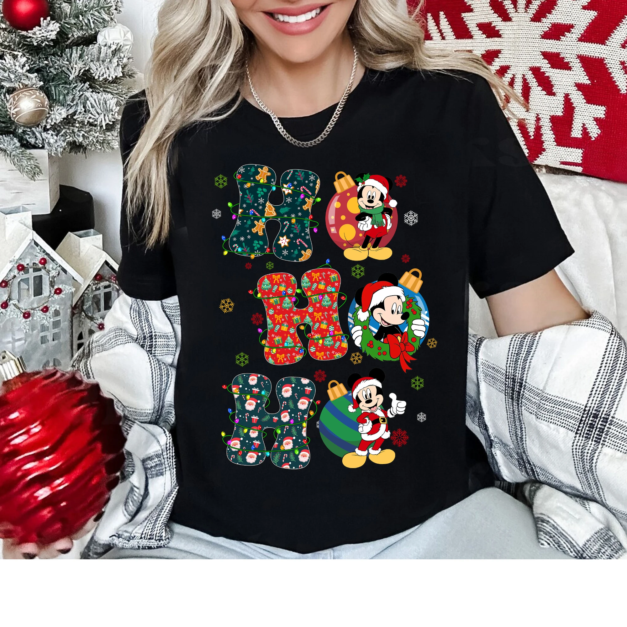 

Рождественская рубашка-фонарь Disney Ho Ho Ho Mickey, рубашка Санта-Клауса с Микки и его друзьями, Микки есть очень счастливое Рождество