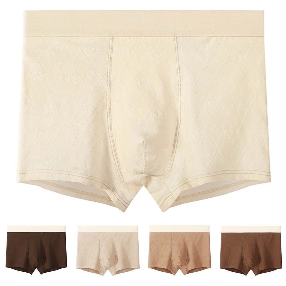 

Boxers Mid-rise Underwear Beige Breathable Trunks 95 Cotton Fabric Classic Style Design Jacquard Pattern Solid Color Options